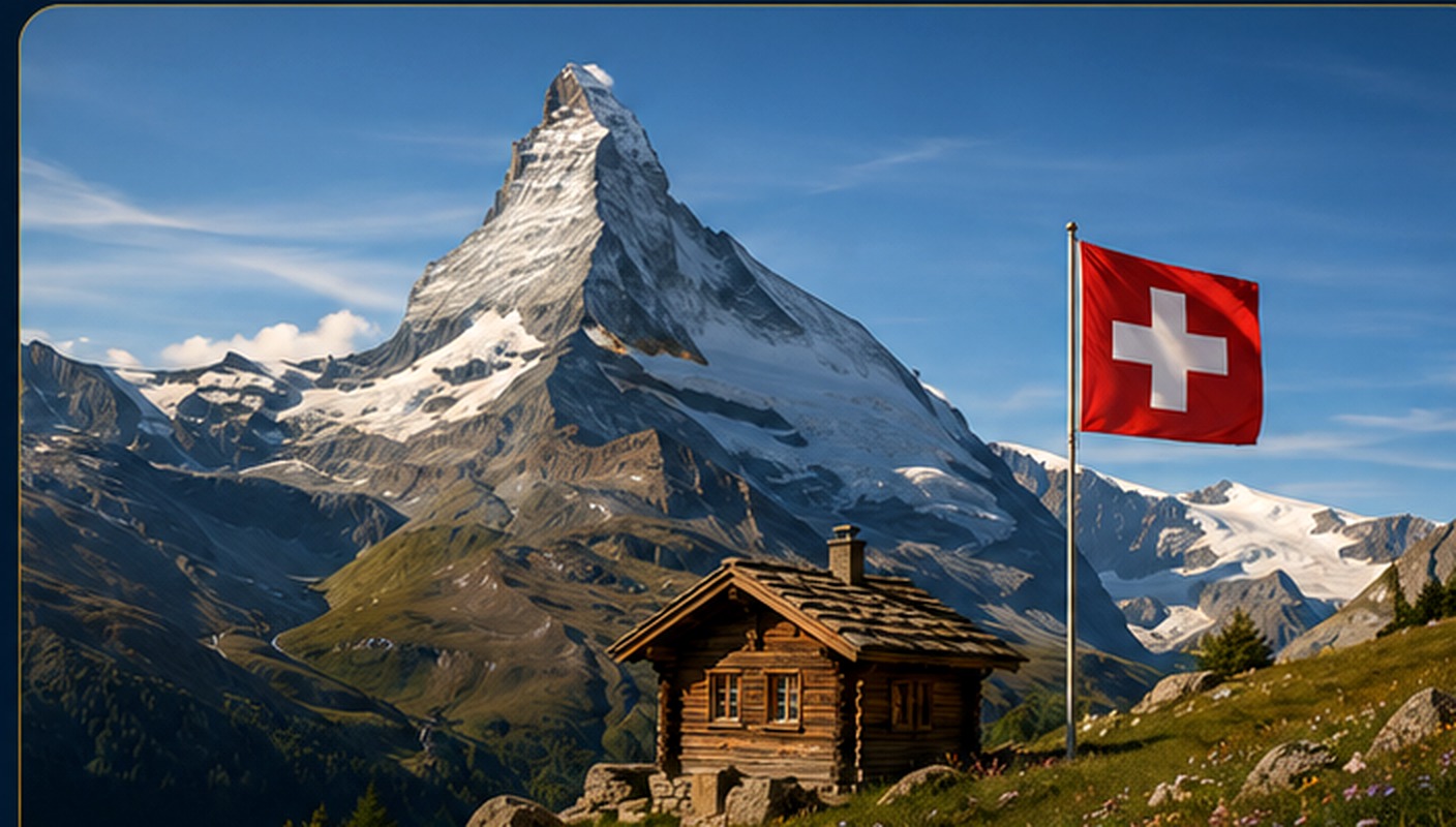 Das Matterhorn, ein Chalet und die Schweizer Flagge